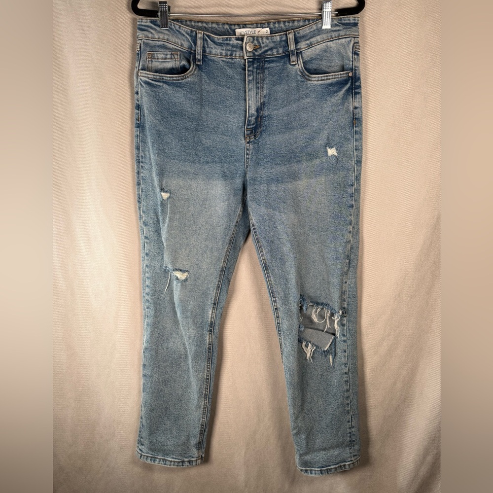 MyStyle Distressed Mid-Rise Straight Leg/Ankle Mom Jean - Size 12 in Medium Wash